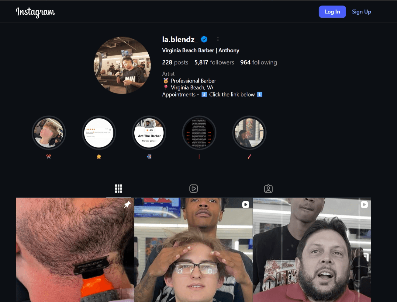 Screenshot of The Fade Game VB Instagram profile showing haircut transformations and barber content