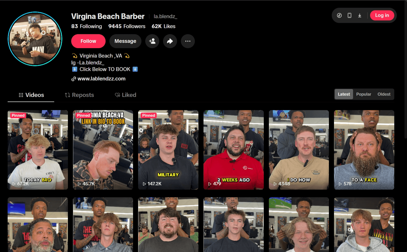 Screenshot of The Fade Game VB TikTok profile featuring viral haircut videos and barber tutorials